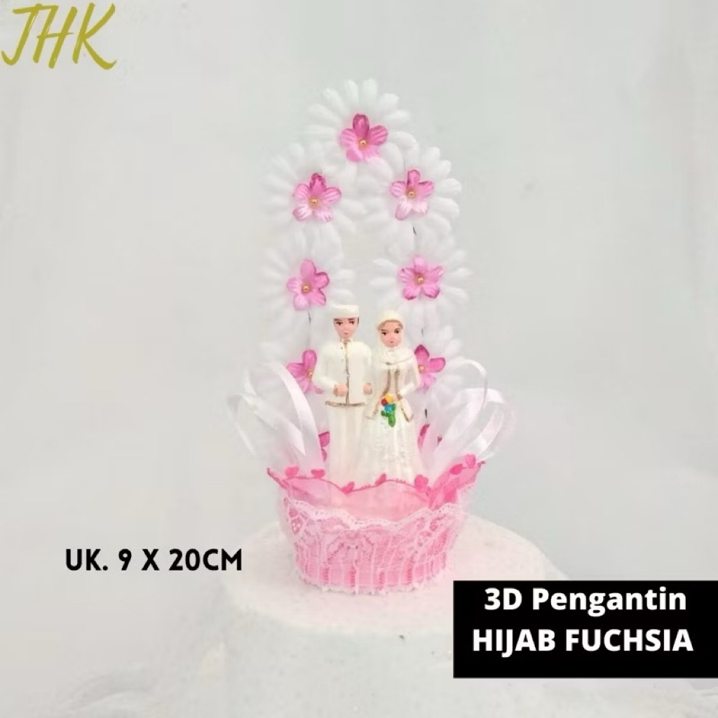 Kaloona.Shop 3D Hiasan Kue Background Cake Topper Patung Pengantin Jilbab Hijab Bunga