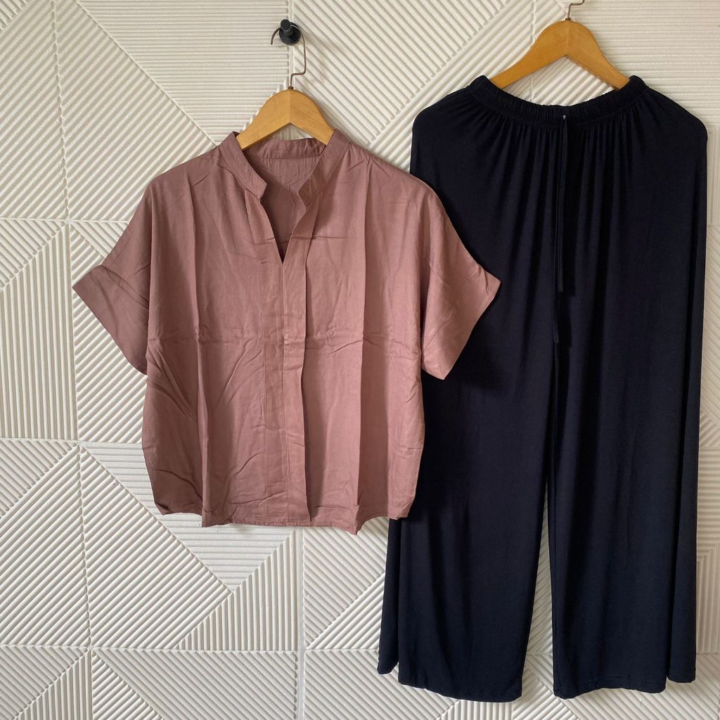 Shabhira - Setelan Celana Panjang Wanita / One Set Atasan Marsya Katun Rayon Vneck Kerah Shanghai