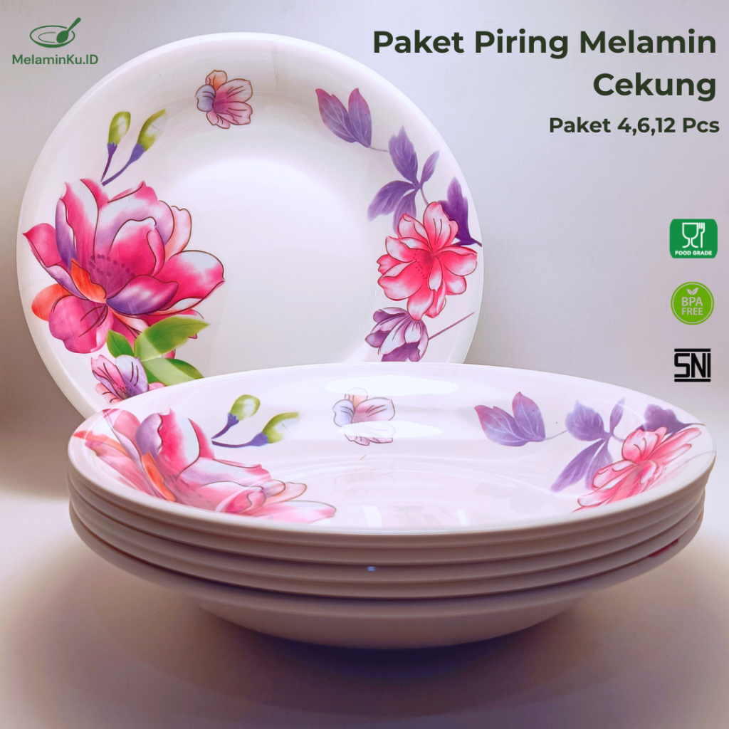 1 Lusin Piring Melamin Cekung Tebal Motif Bunga Ukuran 9 inch