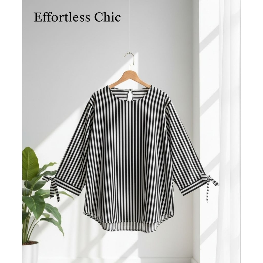 Baju Atasan Salur Hitam Putih Lengan Pita