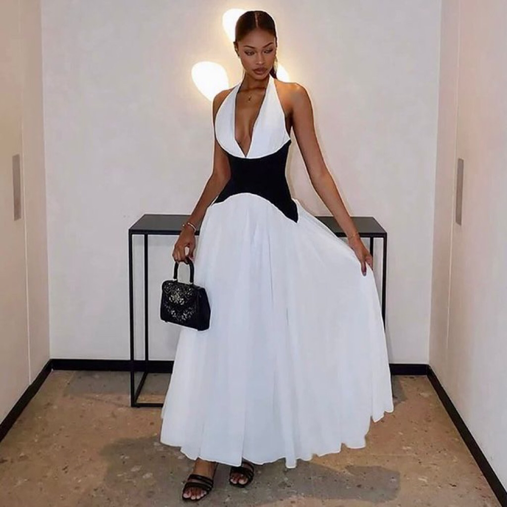 Dress Wanita Party Sexy Dress Elegant Dress Impor D0894 dress hitam putih  party dress