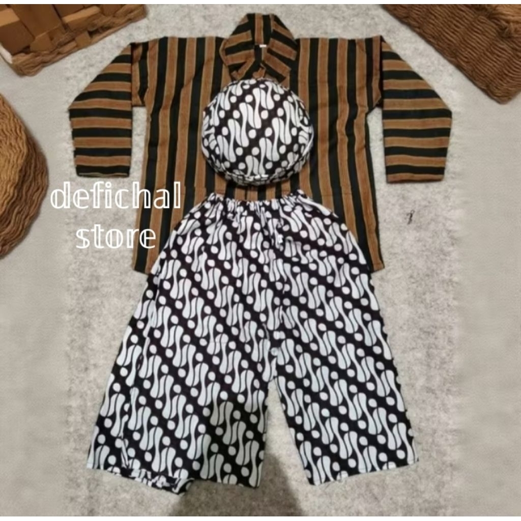 stelan baju surjan bawahan jarik putih /setelan baju lurik bawahan jarik putih anak