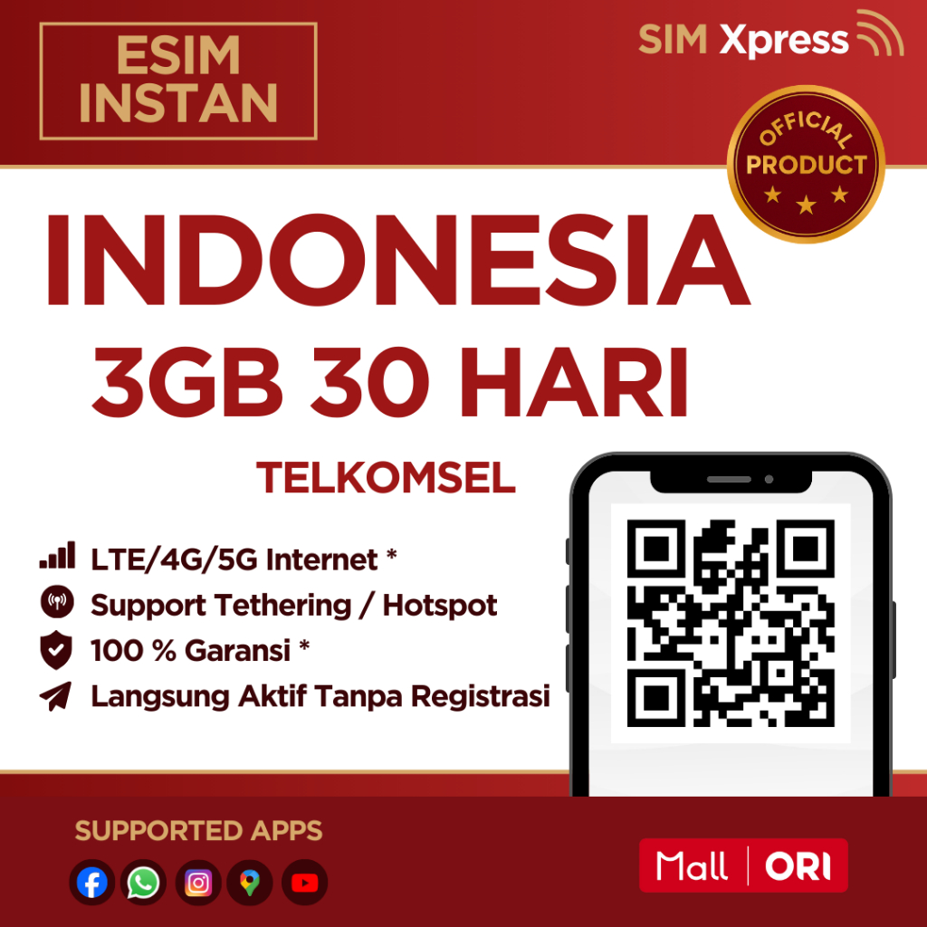 SIM XPRESS - eSIM Roaming Telkomsel Indonesia 3Gb 30 Hari | eSIM HP Blokir | eSIM IPHONE INTER