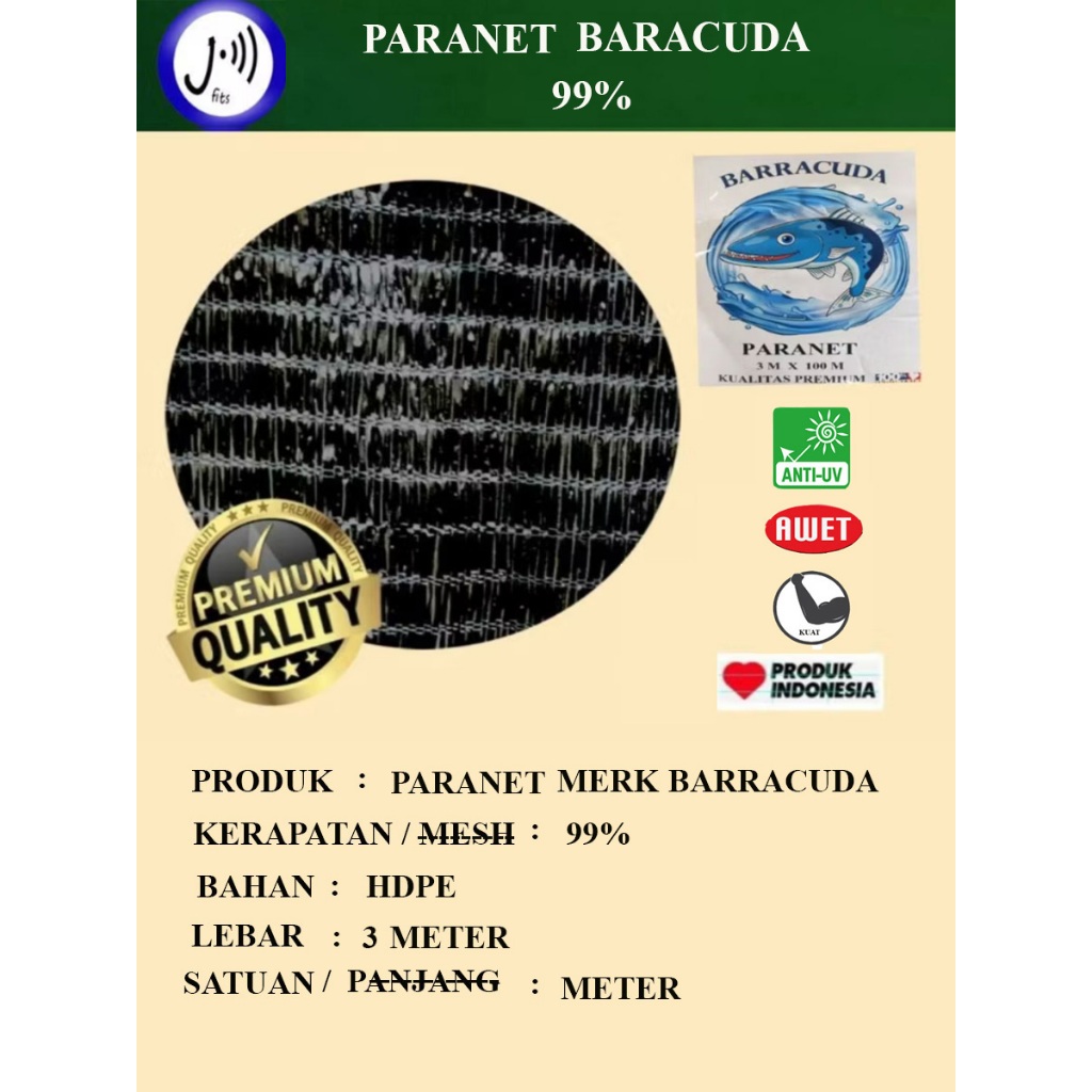 Paranet  Baracuda 99% Eceran L 3 m/ shading net/ agronet/ jaring anti UV/ jaring tanaman/ jaring pen