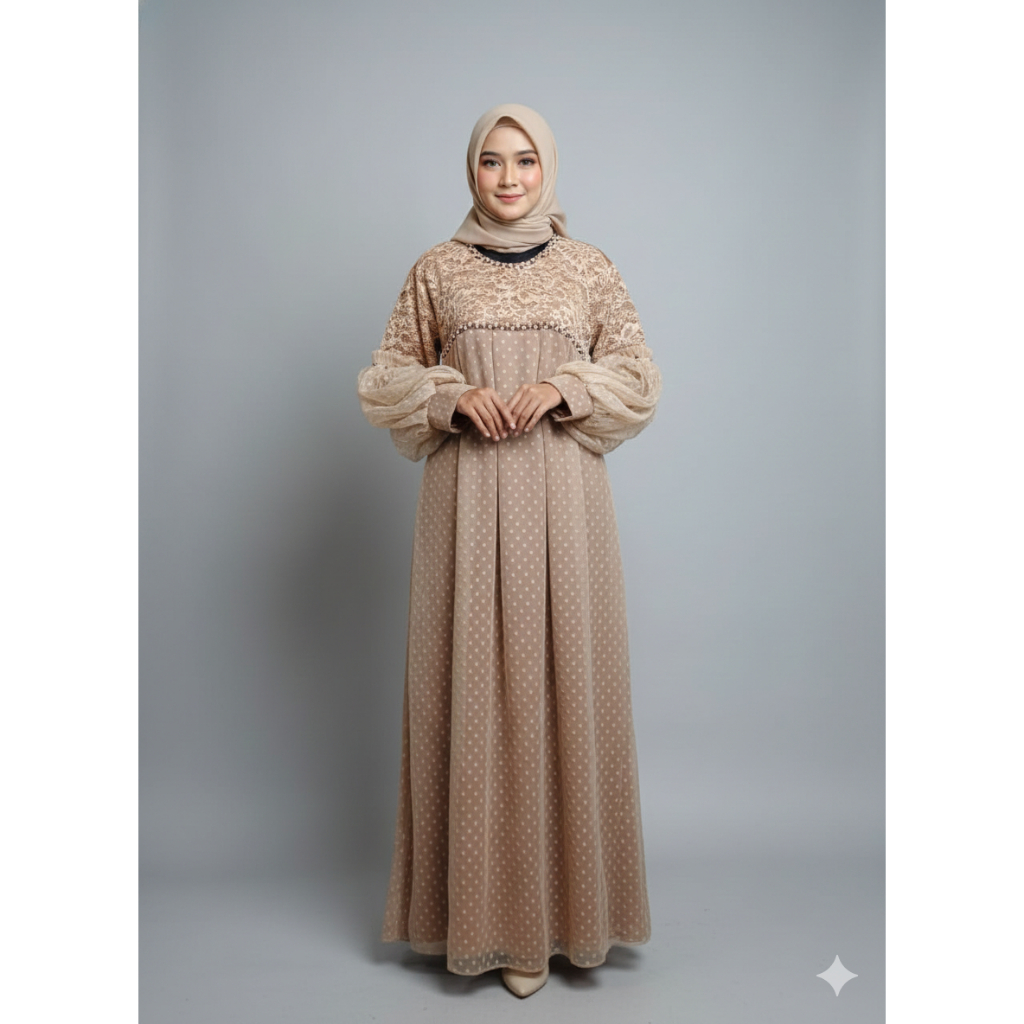 Gamis Brukat Tile Mutiara Lengan Balon Mewah Kekinian Terbaru Pesta Kondangan Lebaran