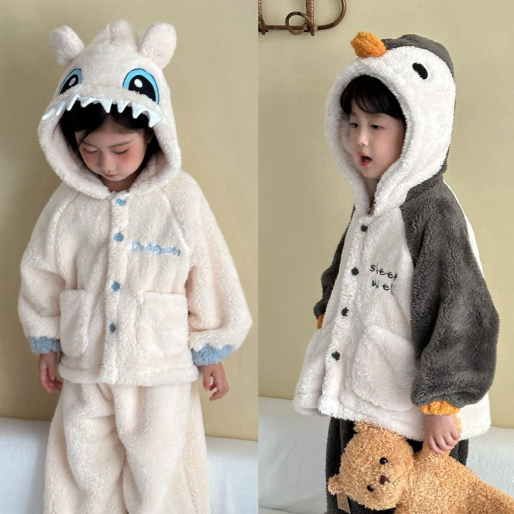Penguin & Dragon Kids Fluffy Hoodie Jacket & Pants Set | size 2-10y | pakaian jaket dan celana panja