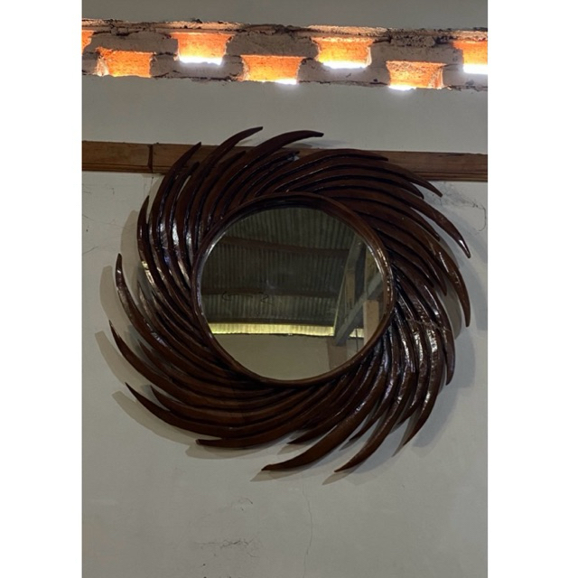 kaca cermin hiasan dinding diameter 50cm kayu jati matahari estetik