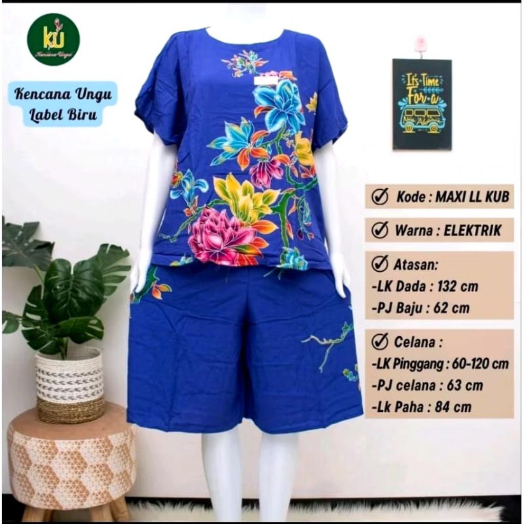 Setelan Kulot Maxi LL Jumbo Batik Kencana Ungu Asli Setelan Maxi LL Lengan Pendek Terbaru Ld 140cm B