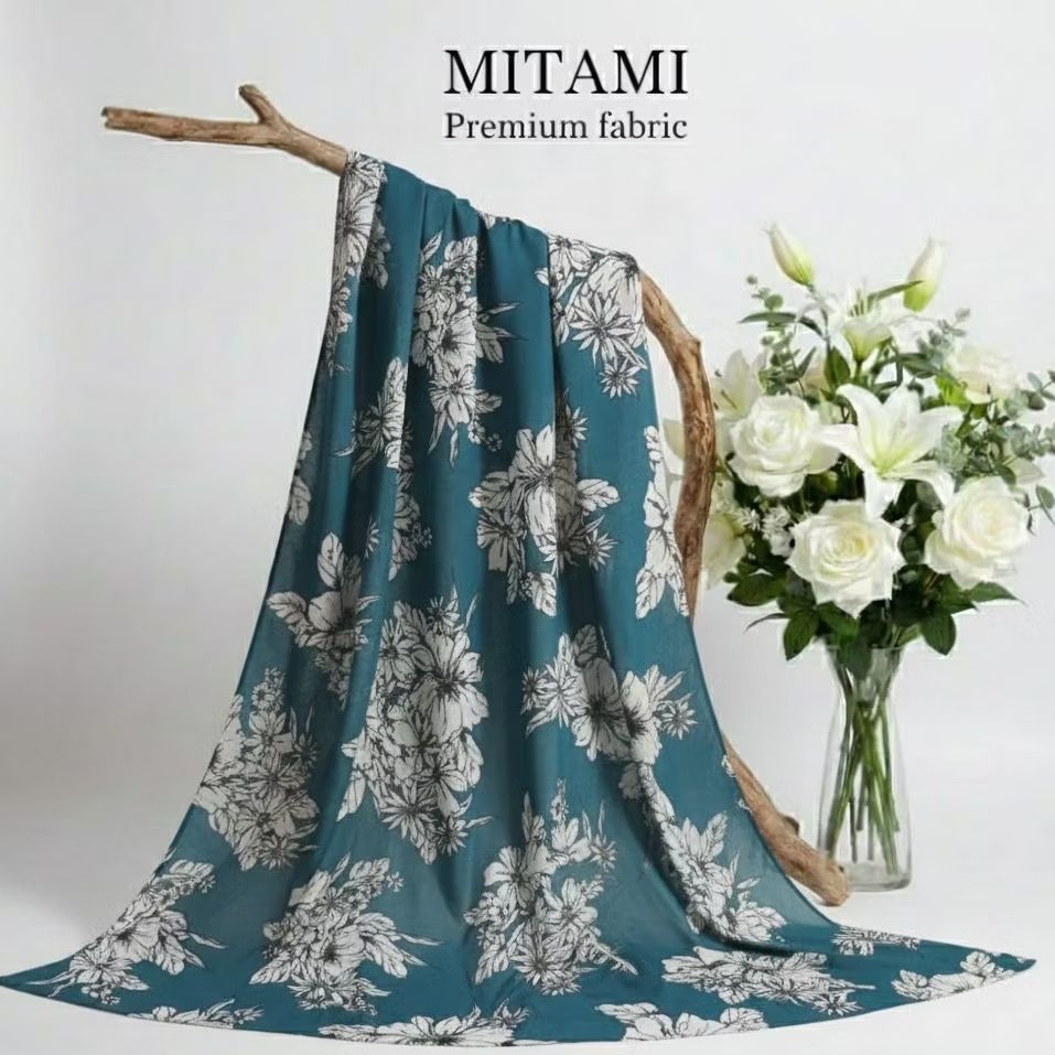 Kain Ceruty Babydoll Motif Bunga Putih Dasar Hijau Teal / Tosca Gelap (Harga Per 0,5)AUT