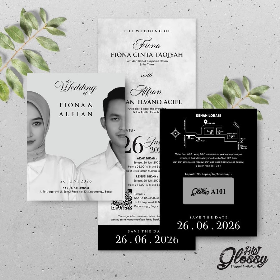 UNDANGAN PERNIKAHAN ELEGANT GLOSSY FREE FOTO BW - UNDANGAN PERNIKAHAN MURAH GLOSSY BW SERI 3