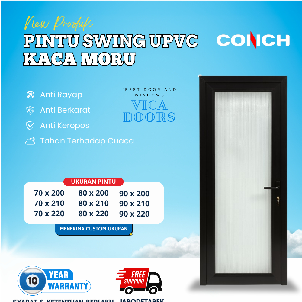 Pintu Swing UPVC Full Kaca Moru Pintu Modern Minimalist Warna Hitam Bahan Tebal UPVC Conch