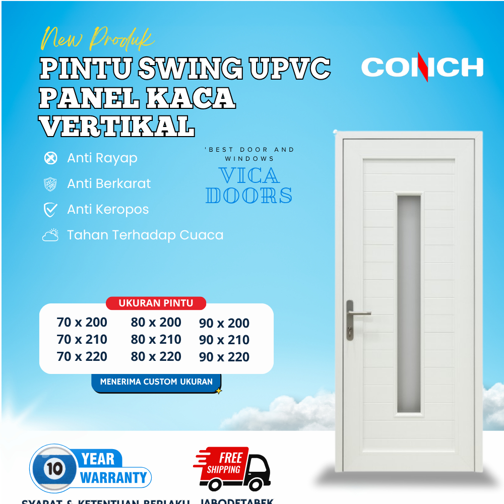 Pintu Swing UPVC Panel Kaca Vertikal Pintu Rumah Modern Minimalist Warna Putih Bahan Tebal UPVC Conc