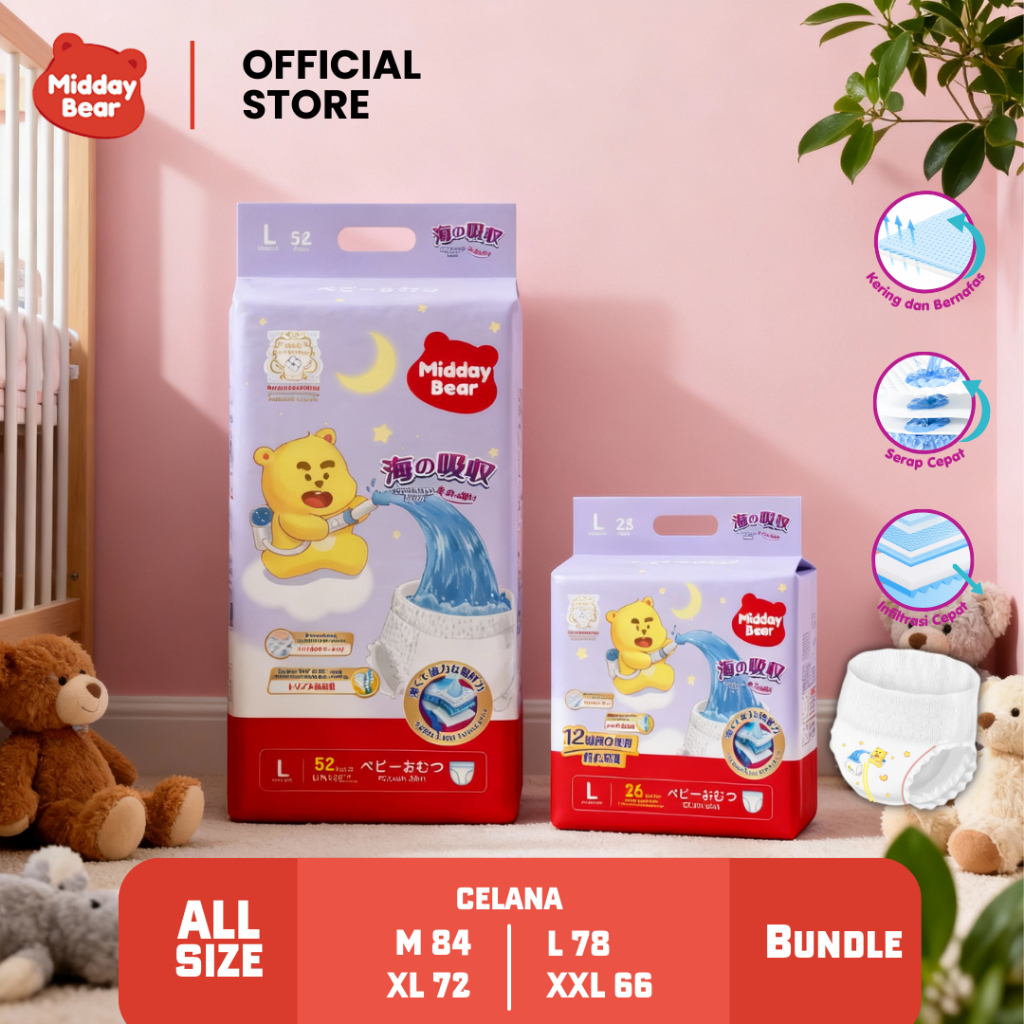 Midday Bear Sea Popok Perekat & Popok Celana Celana Bayi Sekali Pakai Pull Up Pants Daya Serap Extra