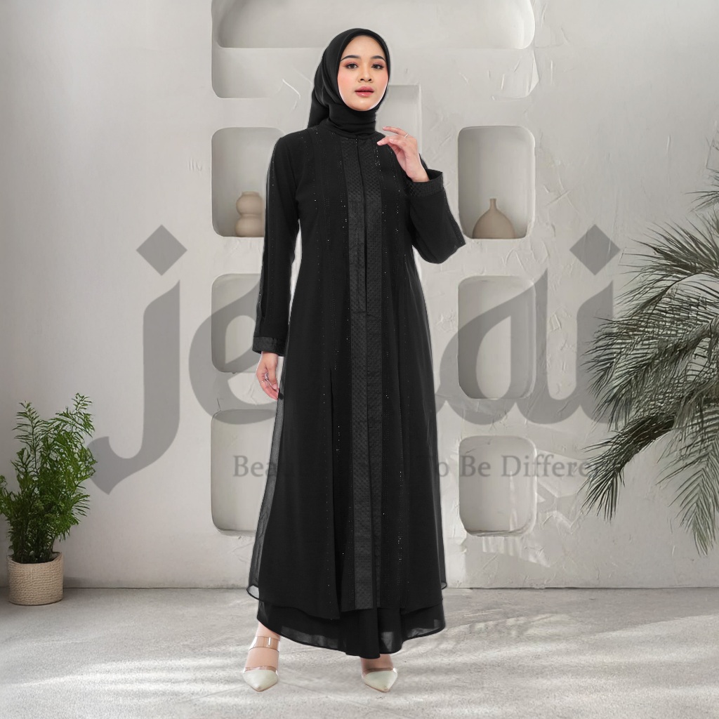 JENAI Abaya Hitam Elegan - Gamis Hitam Mewah Terbaru dan Busui Friendly