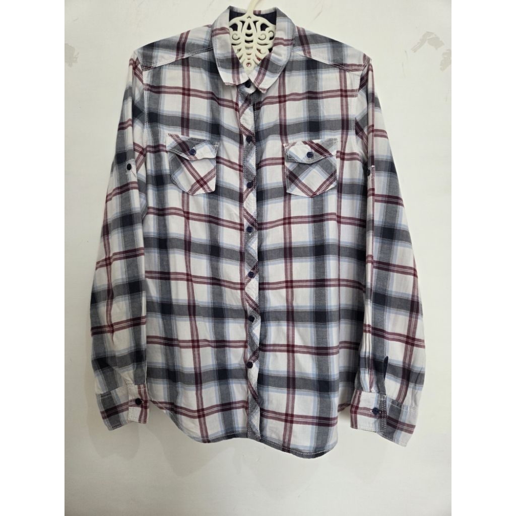 Kemeja American Jeans Navy Maroon Kotak-kotak Panjang Cewek Wanita