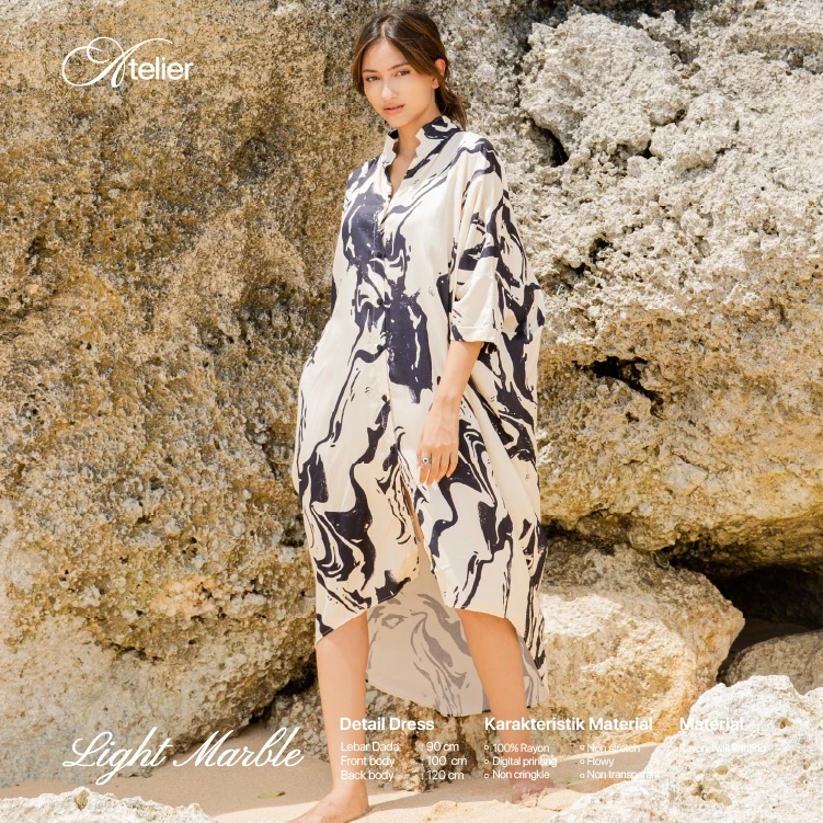 Midi Dress Motif Light Marble Rayon Twill Premium Jumbo Oversize - Kemeja Tunik Busui Friendly Outer