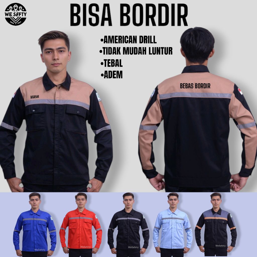 HITAM COKLAT - BORDIR Workware & Uniform Atasan Baju seragam kerja Lengan panjang Wearpack Safety k3