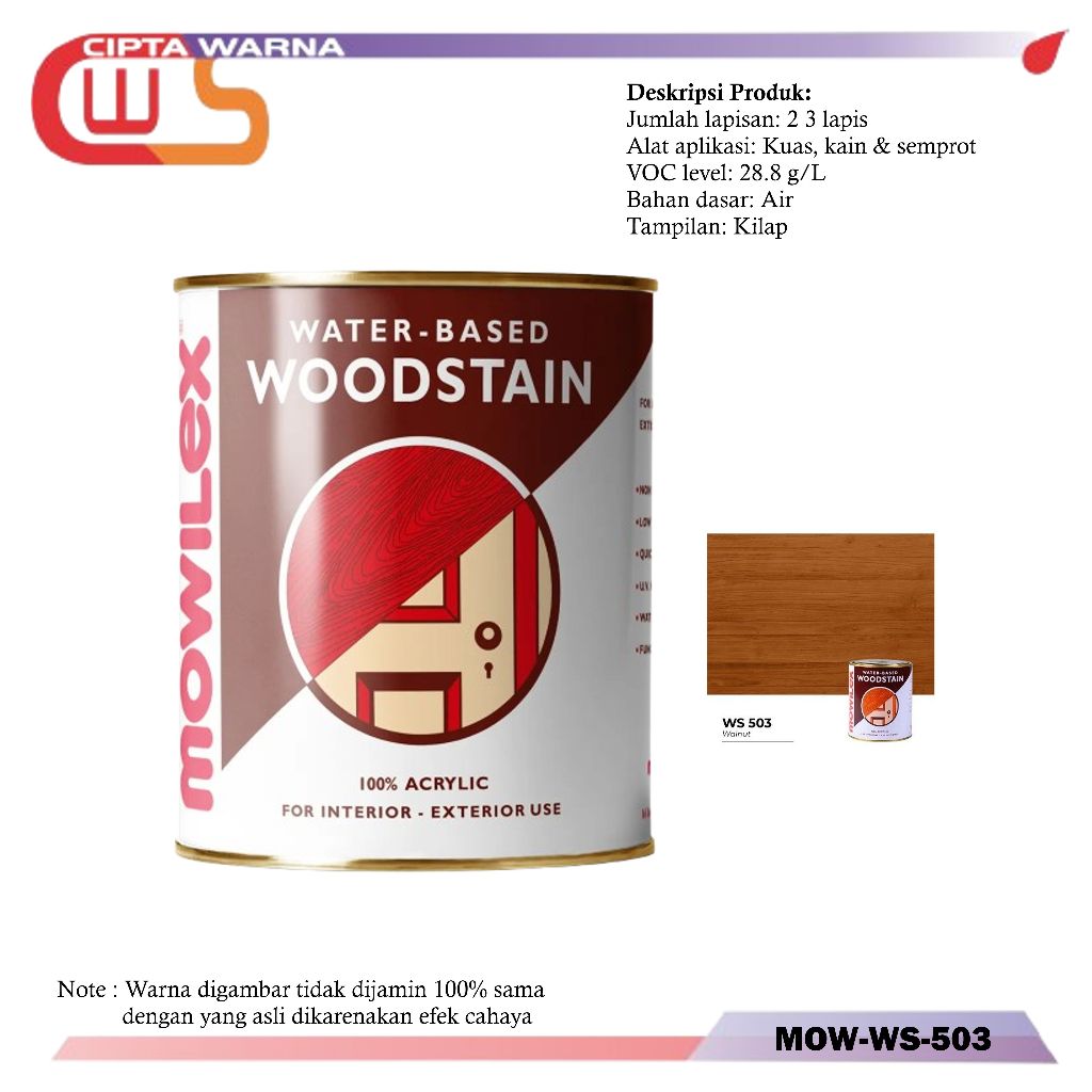 Mowilex Woodstain WaterBased Cat Pelapis Kayu Walnut WS 503 1 Liter - B5 CWS