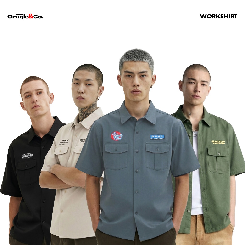 ORAQLE Workshirt  Kemeja Pria & Wanita Pendek BLUE,BLACK,CREAM,GREY, DRILL EMBROIDERY LIMITED EDITIO
