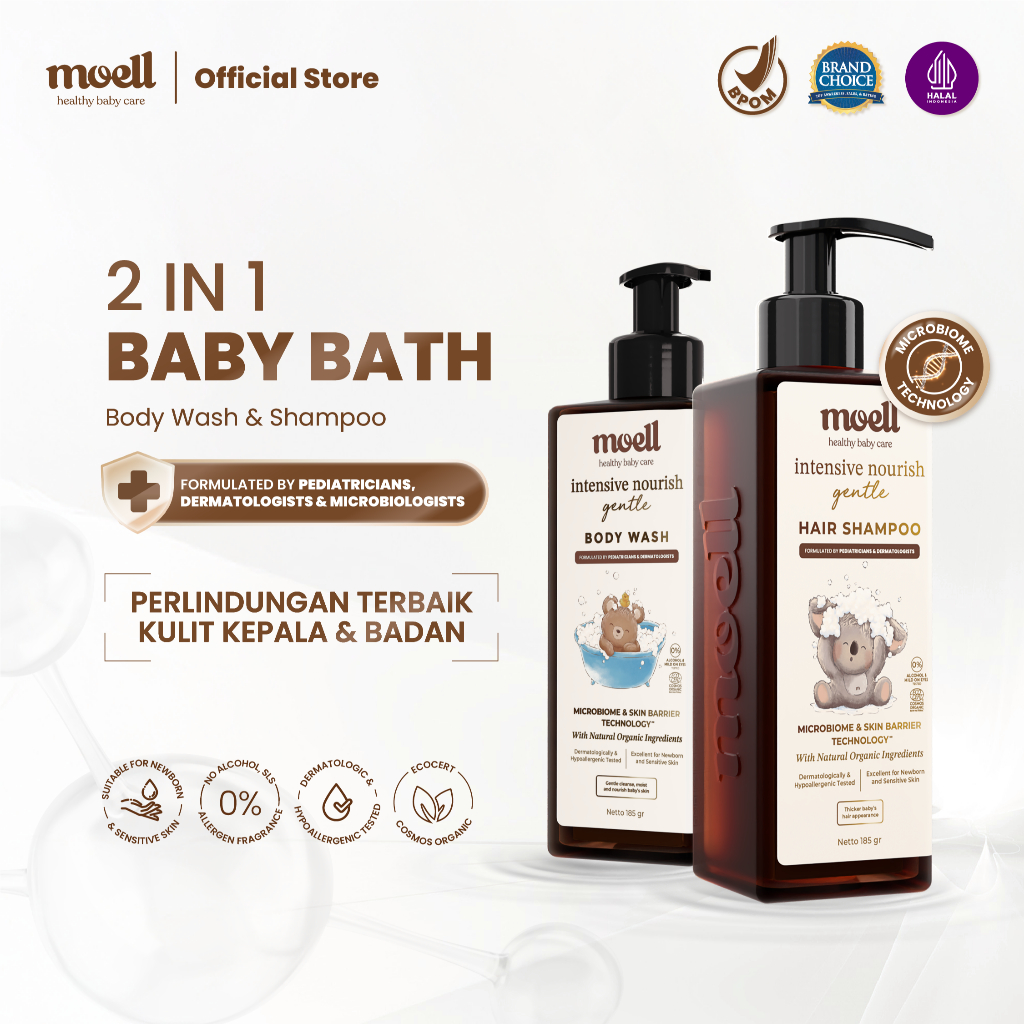 Moell Gentle Body Wash 185gr & Shampoo 185gr - 2 IN 1 Baby Bath Sabun & Sampo Bayi Anak Cegah Eksim 