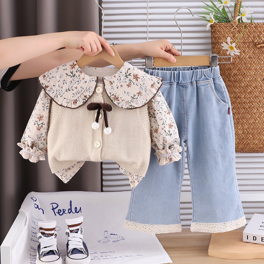 Setelan anak perempuan - Setelan fashion dengan vest rajut lucu untuk anak perempuan