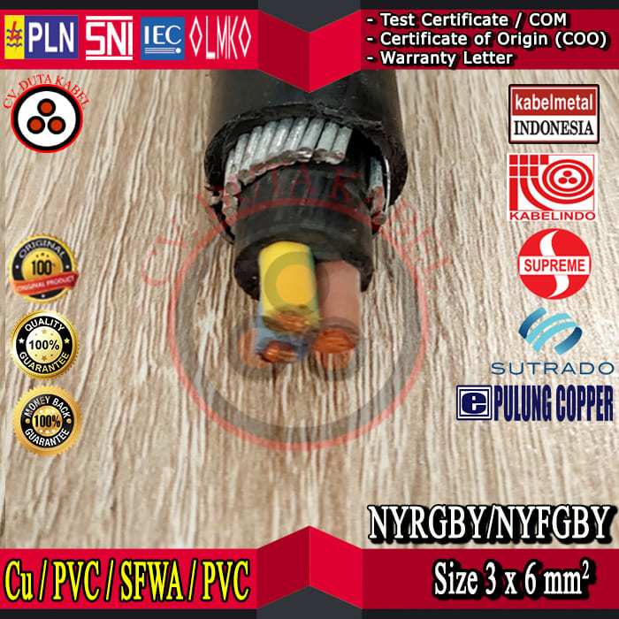 Kabel NYRGBY/NYFGBY 3x6 mm2 MERK KABELMETAL (KMI)/SUPREME/KABELINDO/SUTRADO/PULUNG/3x6 mm2