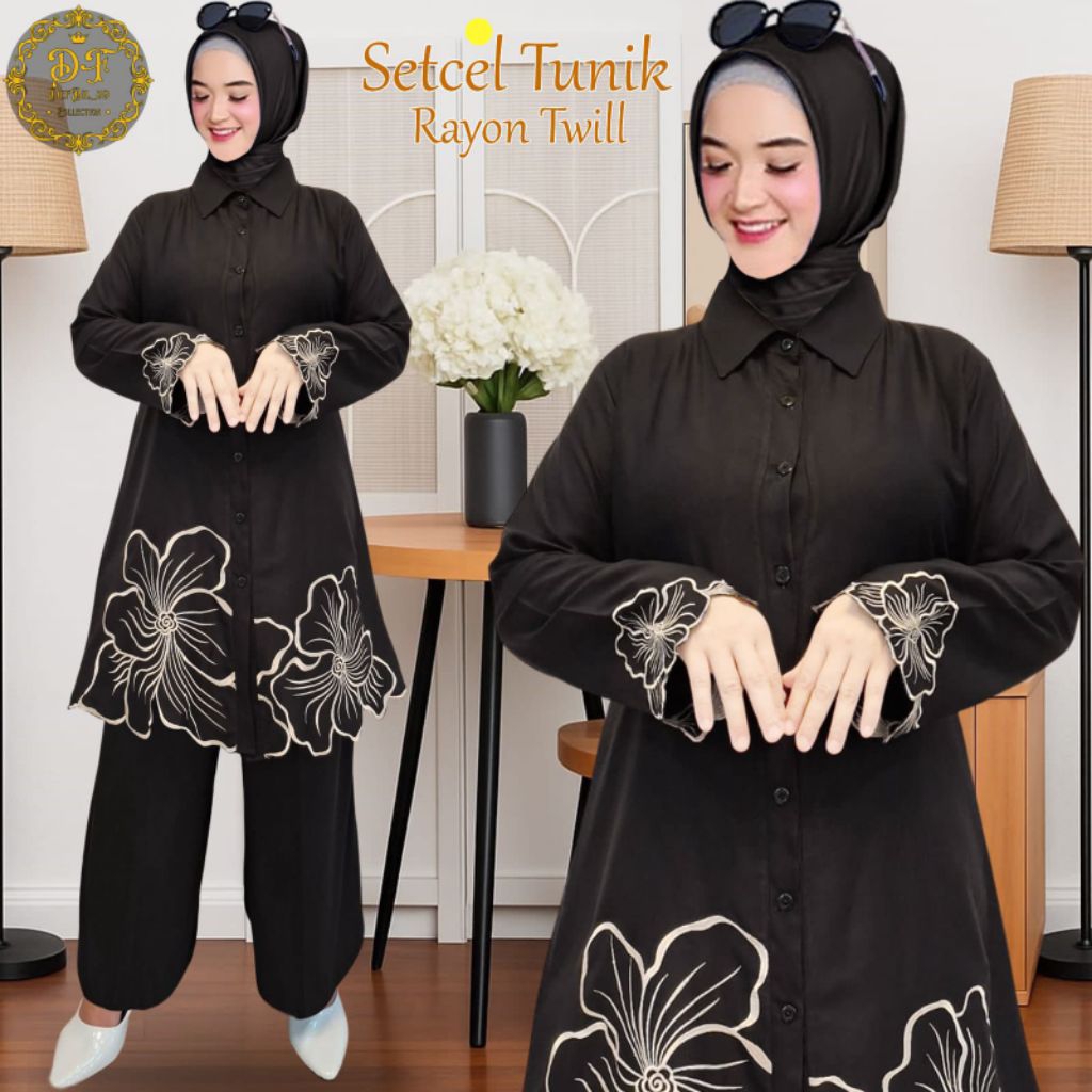 set long tunik bordil hitam setelan wanita bahan twill