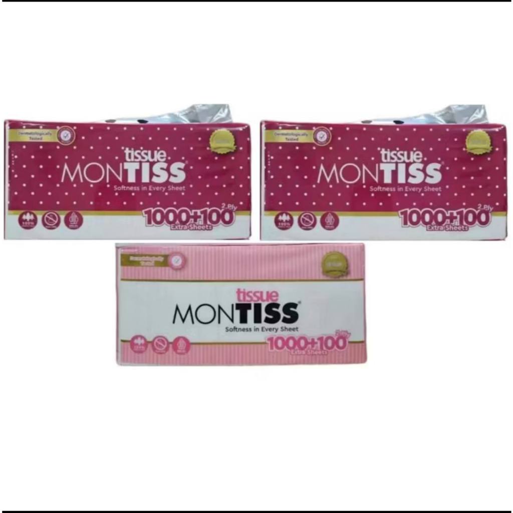 Paket ( 3 Pcs ) Tisu Tissue Montiss muka / wajah / Facial 1000 + 100 / 1100 Sheet 2 ply / 1 kg / kil