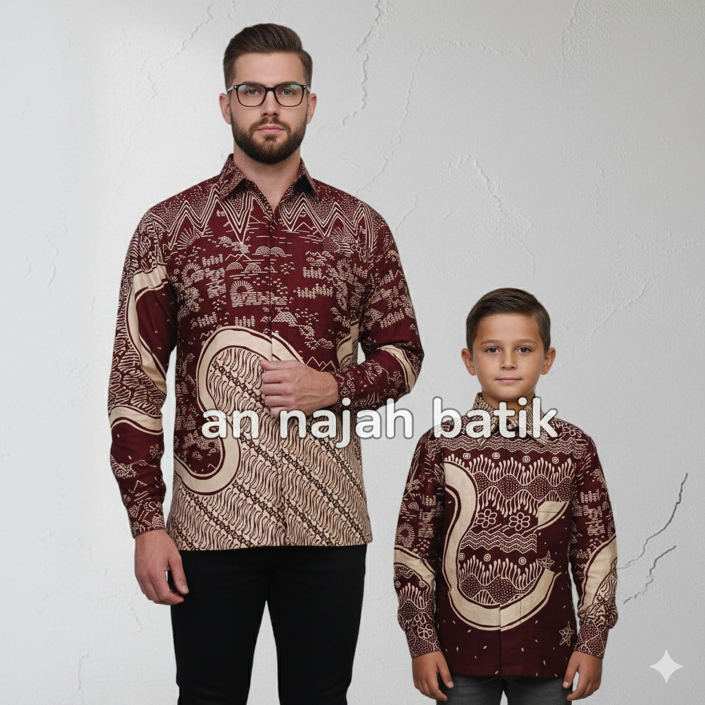 SET Batik Ayah dan Anak Cowok Merah Maroon Motif Alam Eksklusif | Kemeja Batik Pesta & Seragam Kelua