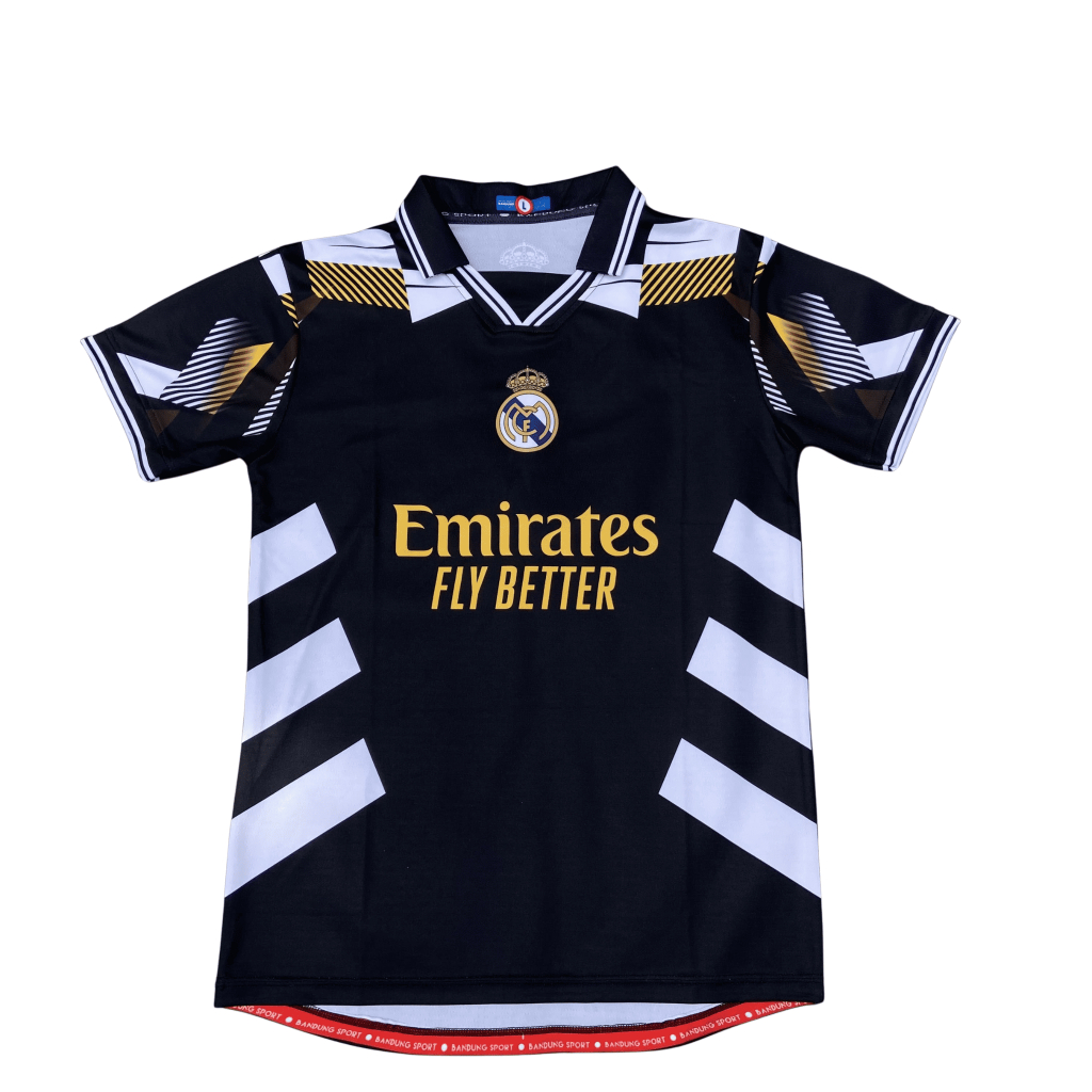 JERSEY REAL MADRID HITAM  RETRO KERAH — FULL PRINTING SPORT