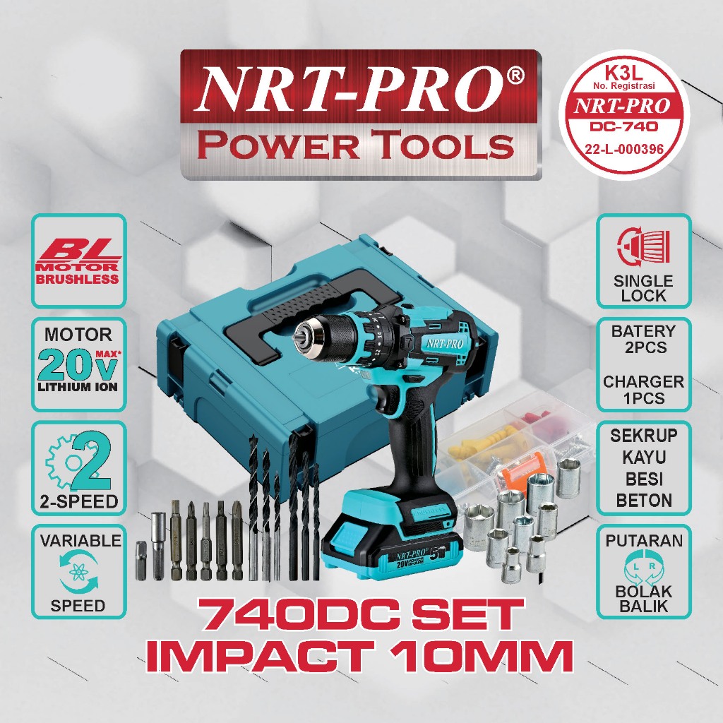 NRT-PRO DC740 HD Mesin Bor Cordless Drill 10MM Baterai Batre Tangan Beton Impact Tembok Charger Cas 