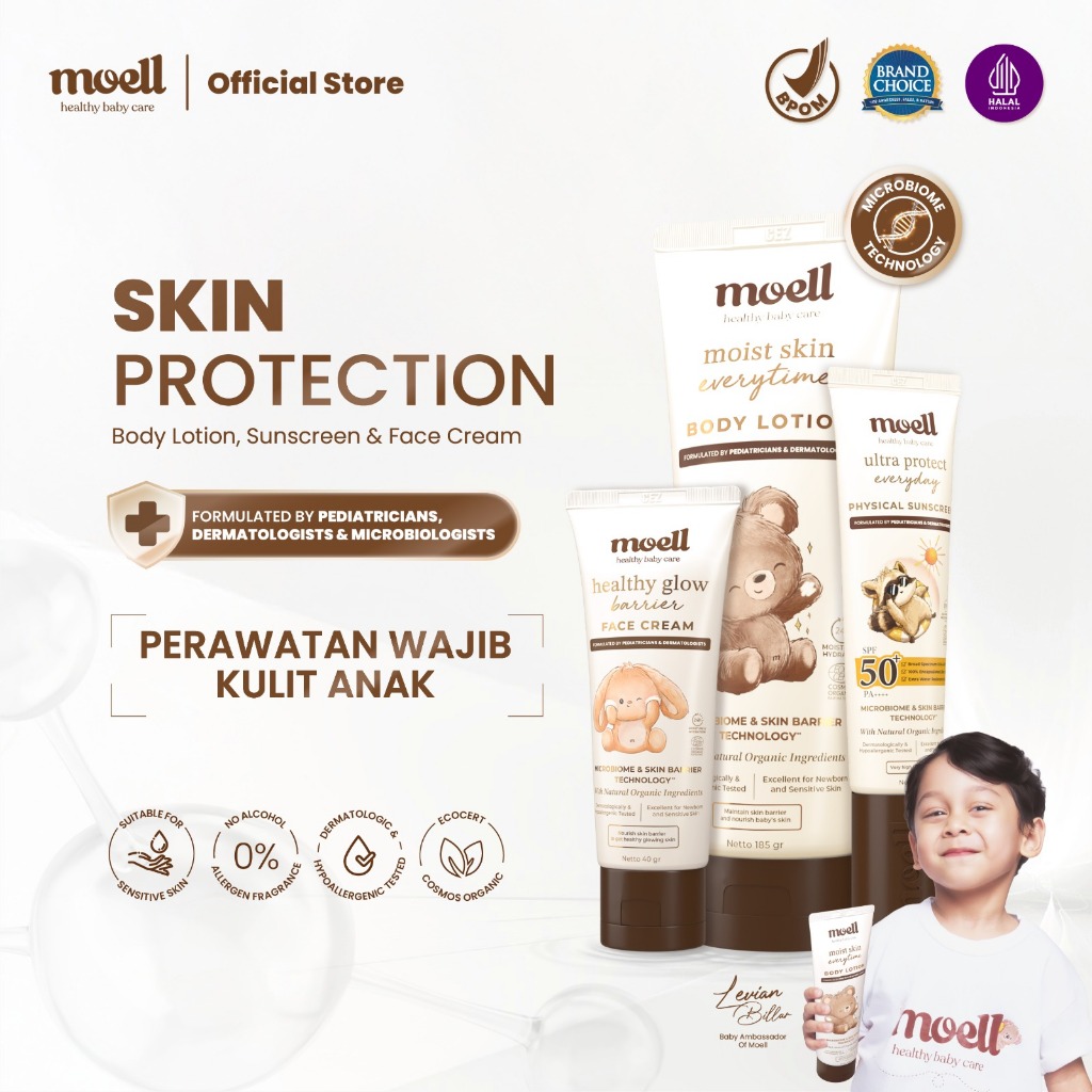 Moell Skin Protection - Face Cream 40gr & Physical Sunscreen 30gr & Body Lotion 185gr - Skincare Bab