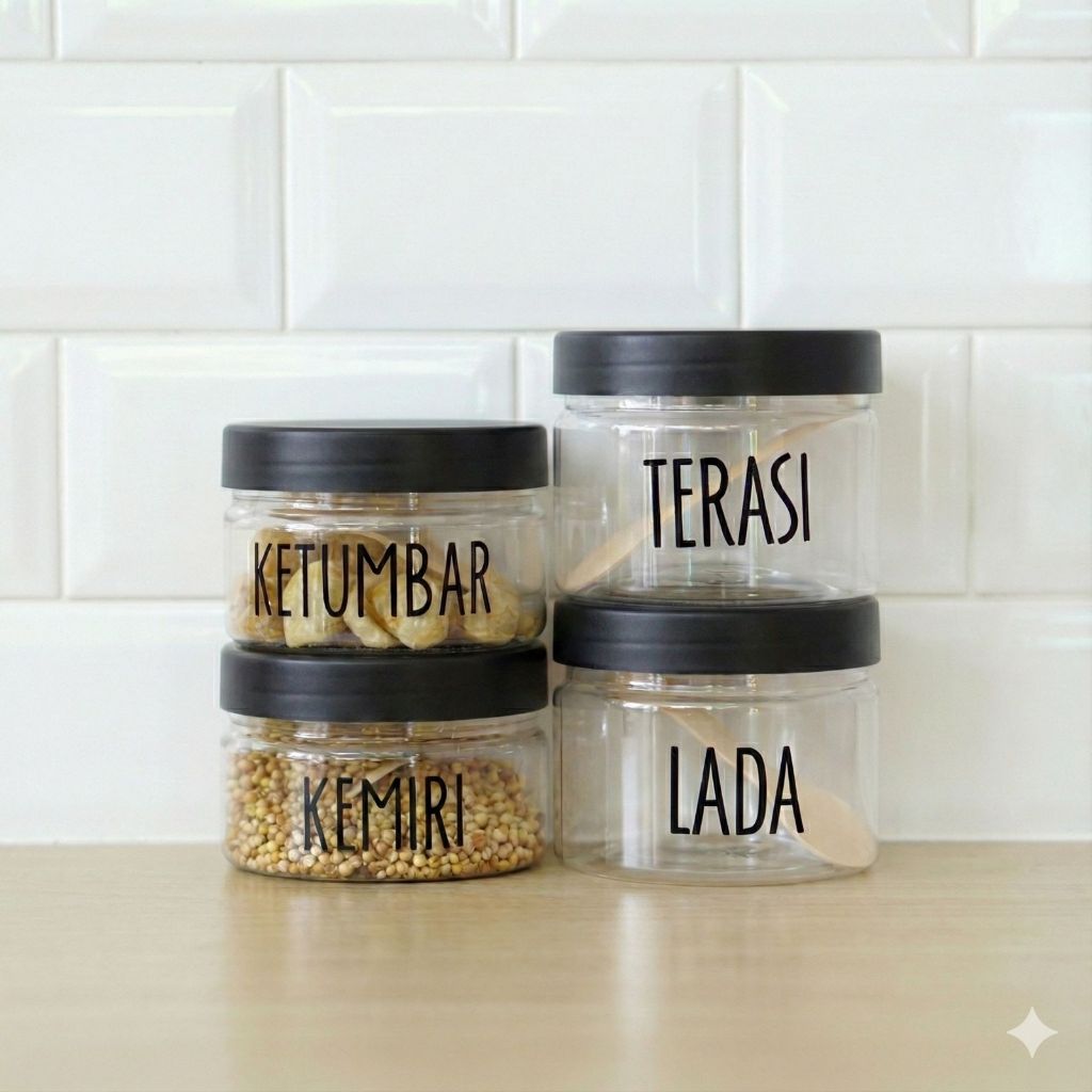 Toples Bumbu Aesthetic Tutup Hitam + Stiker Anti Air | 400ml 600ml 750ml 1000ml 1300ml – Food Grade 