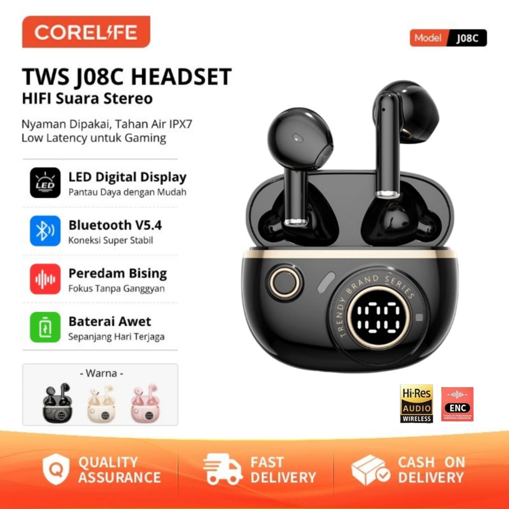 CORELIFE  TWS J08C Headset Nirkabel Bluetooth 5.4, Layar LED, ANC Pembatalan Kebisingan, Latensi Ren