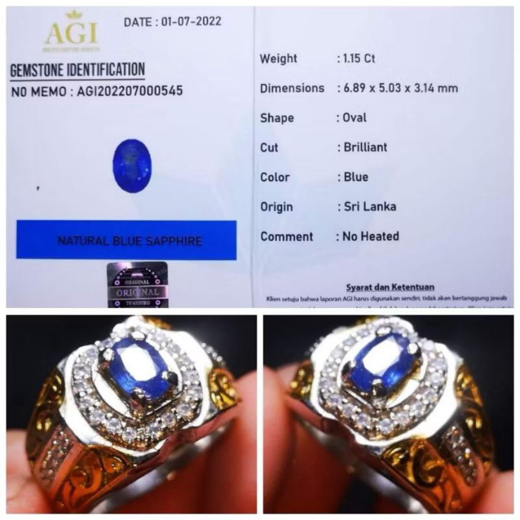 Cincin Permata Natural Blue Sapphire Srilangka Asli