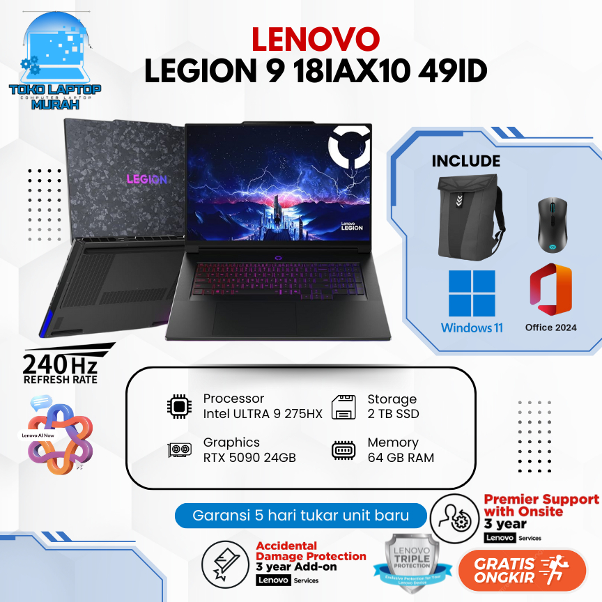 Lenovo Legion 9i RTX5090 24GB - Intel ULTRA 9 275HX 64GB RAM 2TB SSD 18" 4K 440Hz Garansi Resmi