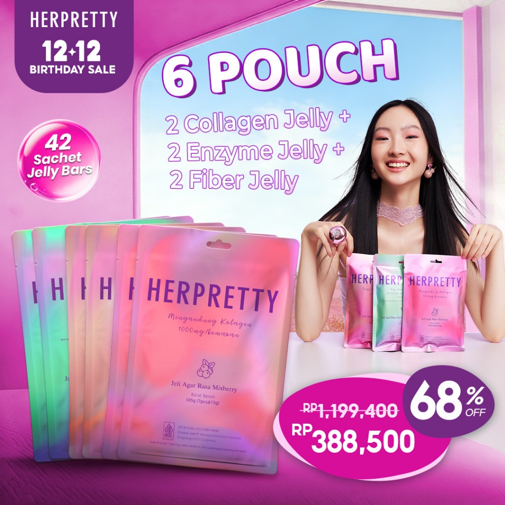 6 Pouch HerPretty Bundle - 2 Pouch Collagen Pink White Jelly Mixberry + 2 Pouch Enzyme Detox Purify 