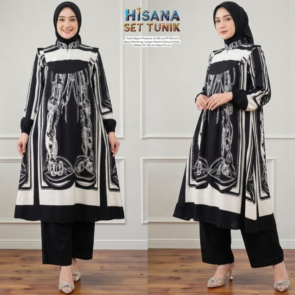 Hisana One Set Wanita Kekinian Tunik Rayon Premium Baju Setelan Celana Panjang Outfit Daily LD 110cm