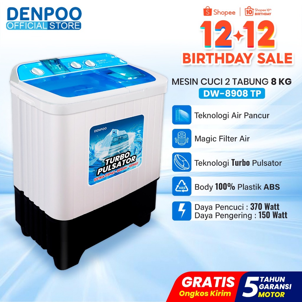 Denpoo Mesin Cuci 2 Tabung DW 8908 Turbo Pulsator 8KG