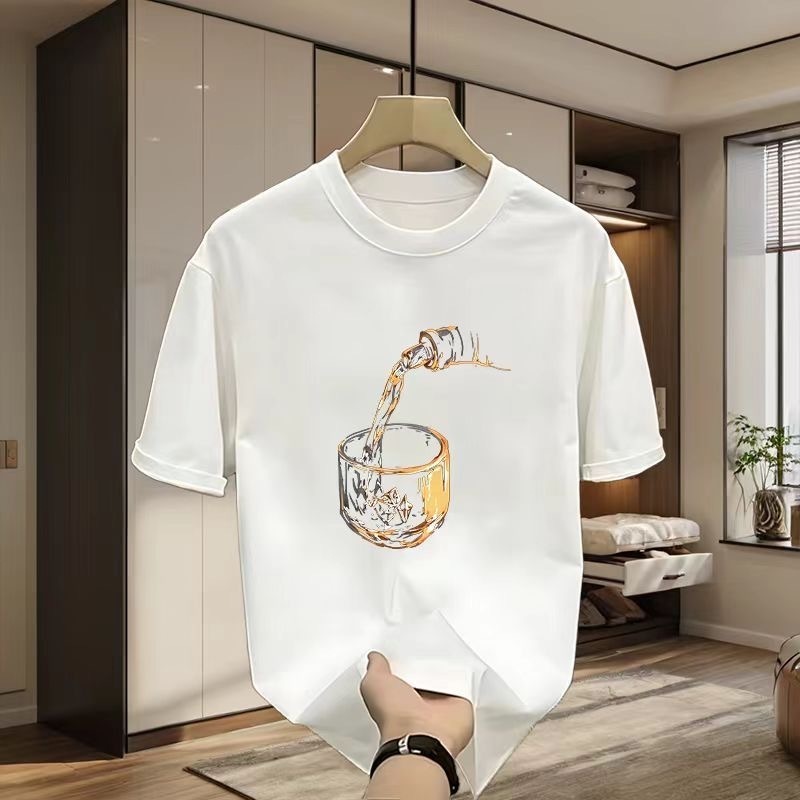 *COD* Kaos Katun Pria Ukuran Besar Leher Bulat, Kaos Lengan Pendek Kasual Keren Motif Gelas Anggur S