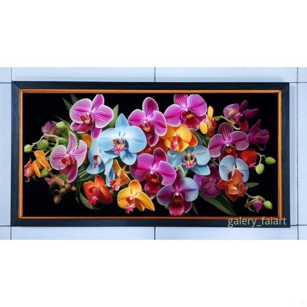 Hiasan dinsing cetak gambar plus bingkai kayu bunga kamboja ukurana 100*50