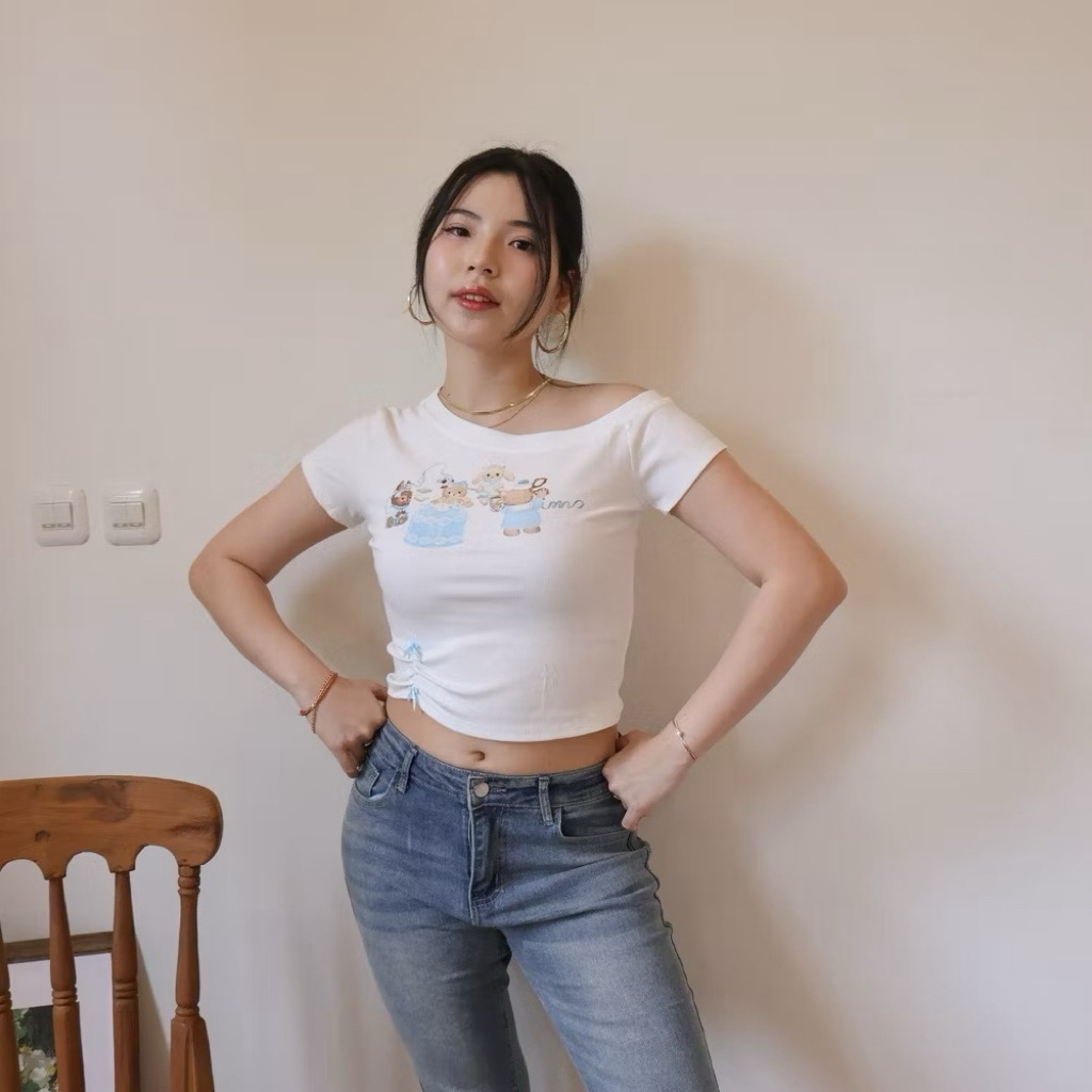 korean women crop top one shoulder off shoulder sabrina cute coquette bear h&m hnm
