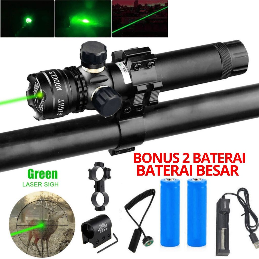 Laser Tembak Senapan Angin Warna Hijau Dot Scope Jarak Jauh Siang Malam Set 2 Baterai Besar