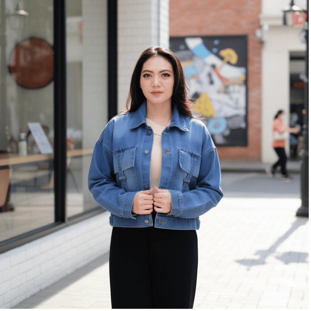 work shirt jacket TORAI black denim boxy fit Jaket Jeans Crop Wanita Lengan Panjang Model Terbaru