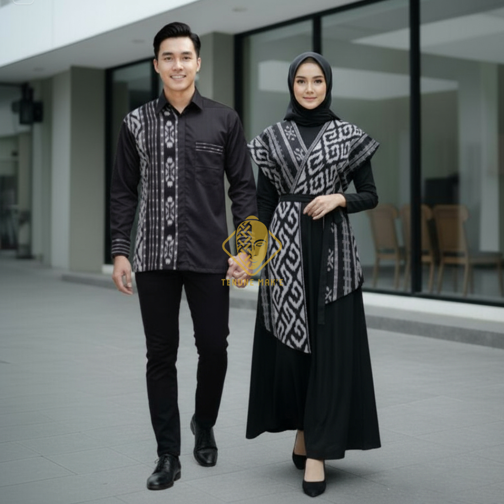 Baju Tenun Couple Hitam Modern Outfit Lebaran Kemeja dan Gamis Tenun Muslimah Elegan Etnik Eksklusif