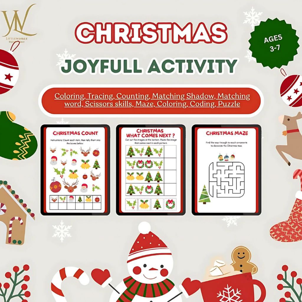 Christmas Joyful Activity Worksheet Anak 3–7 Tahun Aktivitas Natal Mewarnai Tracing Puzzle & Lainnya