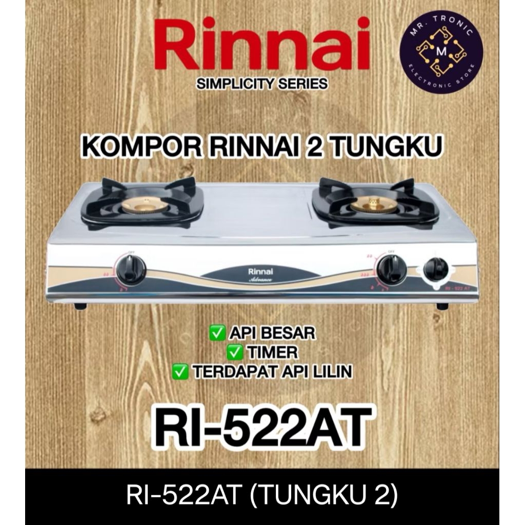 [ @ NEW ORI @ ] RINNAI 522 AT kompor 2 tungku stenlis api besar dan api lilin kecil new
