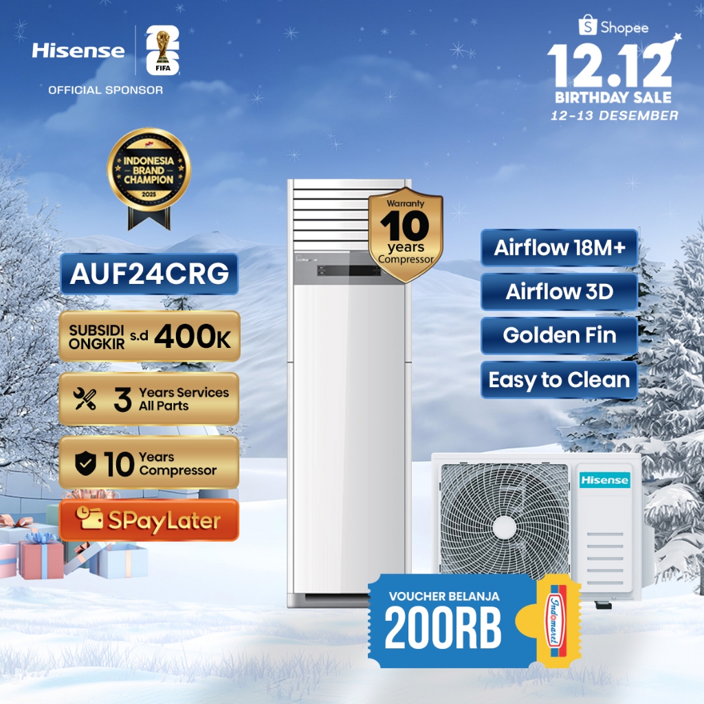 Hisense AC AUF24CRG Inverter 3 PK Floor Standing Air Flow Jarak Hingga 18M Lebih Pendinginan 4D Ruan