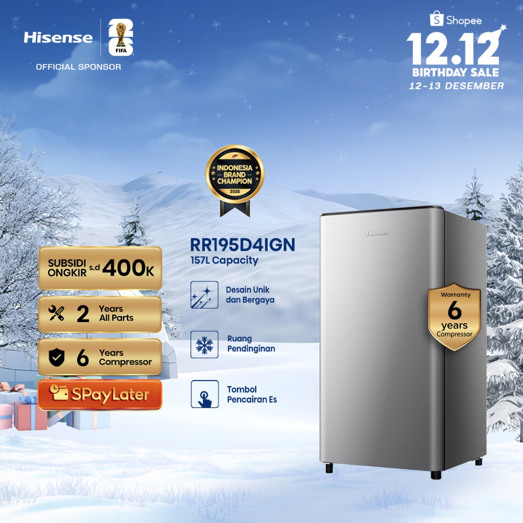 Hisense Kulkas RR195D4IGN Refrigerator Mini Bar Kapasitas 157L 1 Warna Silver Pintu Desain Unik dan 