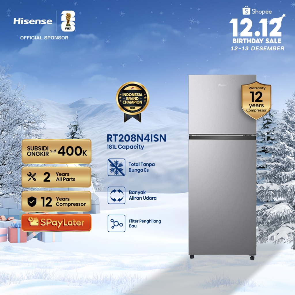 Hisense Kulkas RT208N4ISN Refrigerator 2 Pintu Kapasitas 181L Warna Silver Tanpa Bunga Es Sirkulasi 
